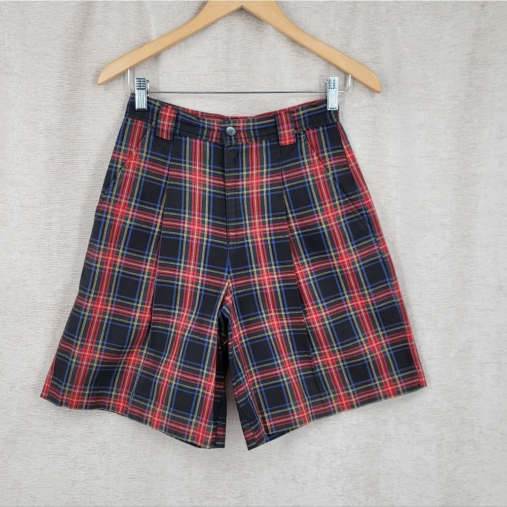Gap Vintage Tartan Plaid Shorts Black Red and Blue High Waisted Pleated